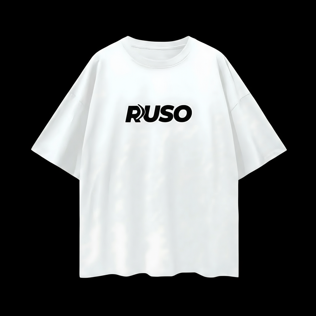 White t-shirt with 'RUSO' printed on a white background