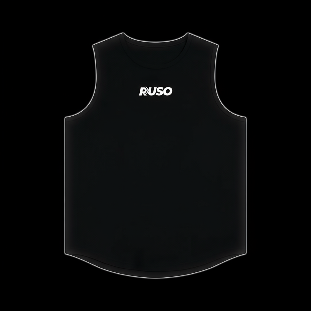 Black sleeveless shirt with 'RUSO' logo on a white background